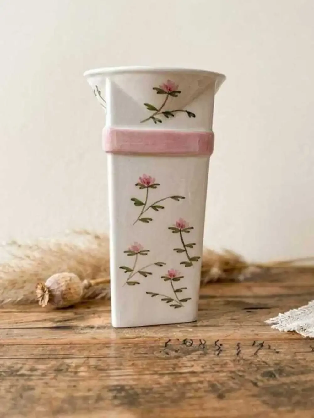 Coastal Granny Decor Rose Motif Vase, Pink Ceramic, Small Mantel Accent